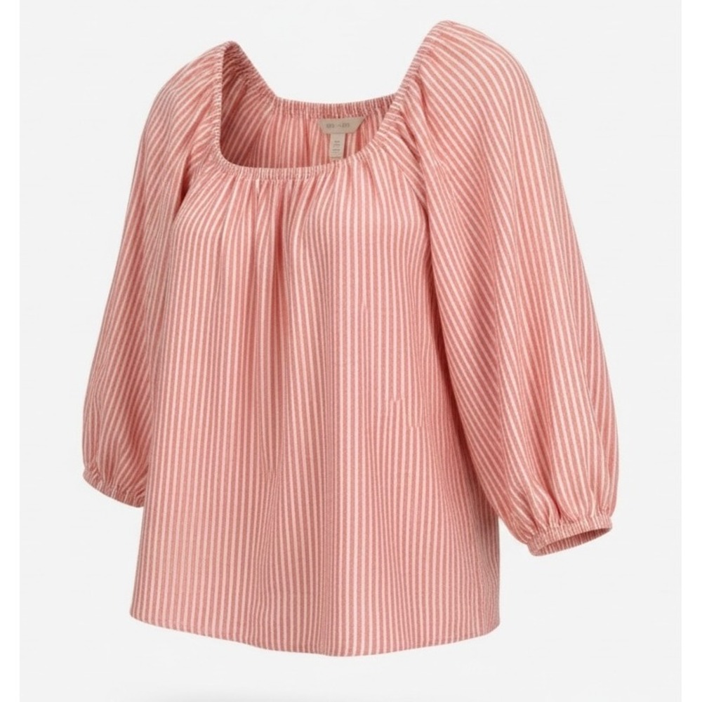 Terra & Sky 3X Coral Pink White Striped Puff Sleeve Square Neck Cotton Blouse